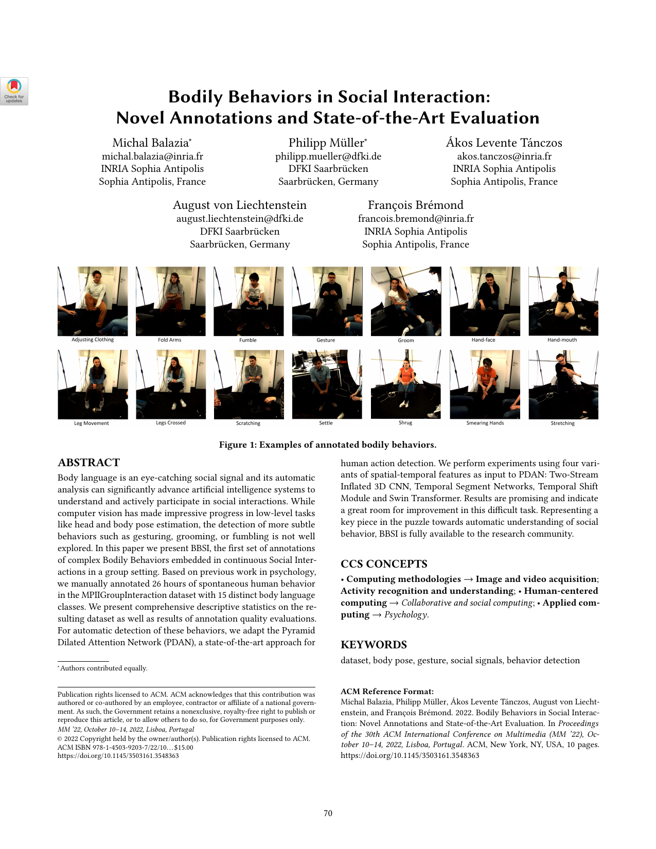 Bodily Behaviors in Social Interaction: Novel Annotations and State-of-the-Art Evaluation