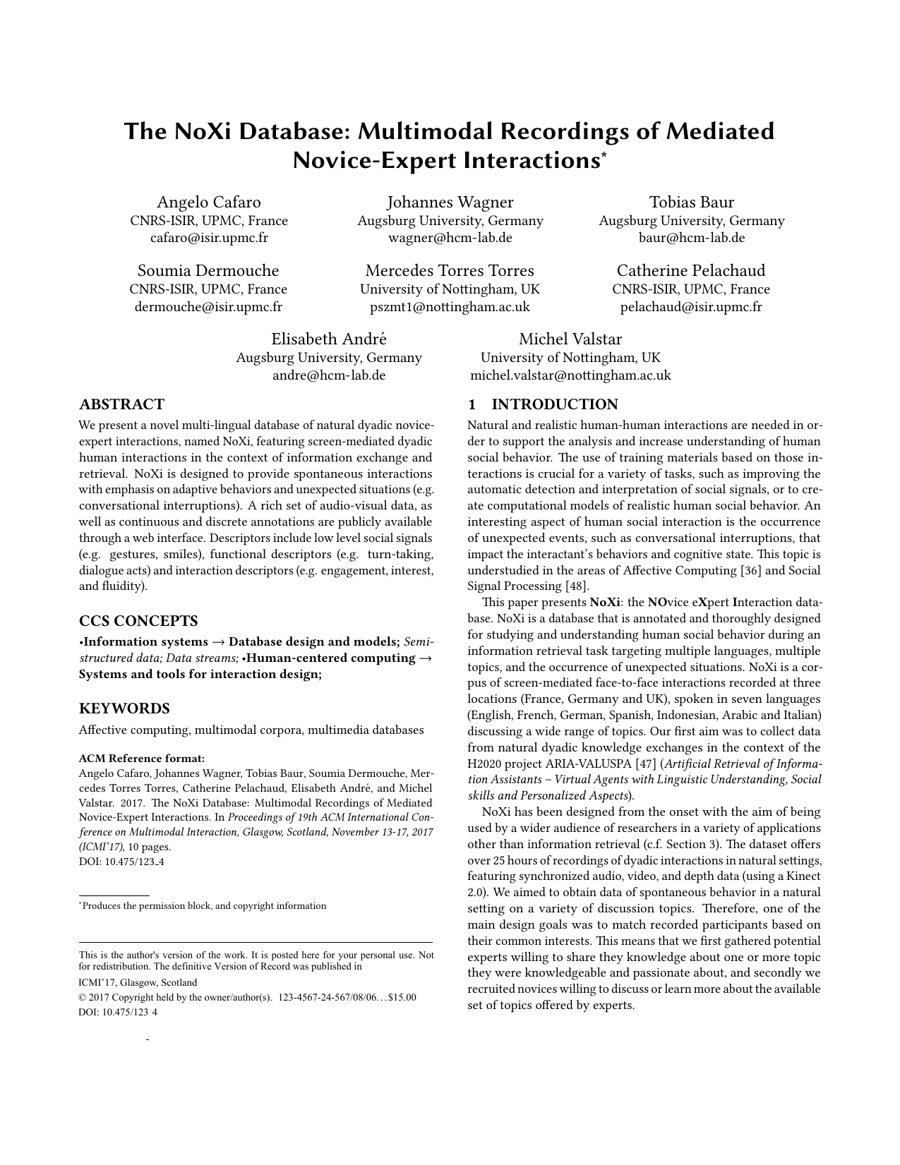 The NoXi Database: Multimodal Recordings of Mediated Novice-Expert Interactions
